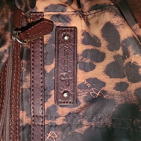 B. Makowsky Brown Leather Shoulder Bag Satchel Purse Leopard Print Lined Large - Picture 16 of 16